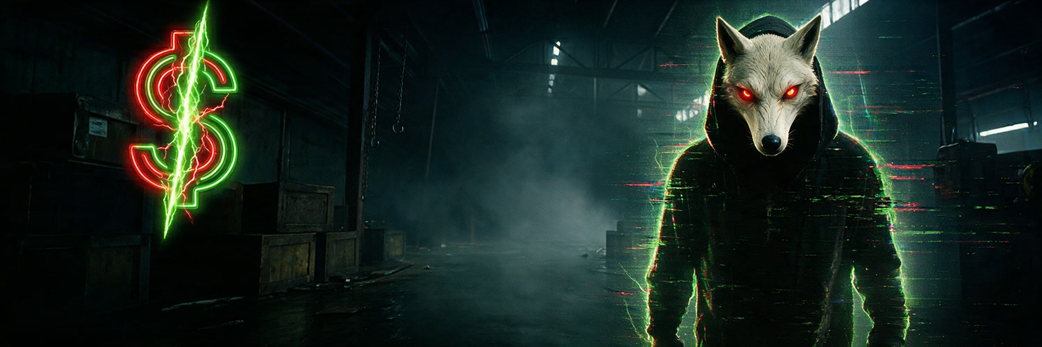 A neon dollar sign crackles with green lightning as a hooded figure with a glowing wolf head glitches in an abandoned warehouse